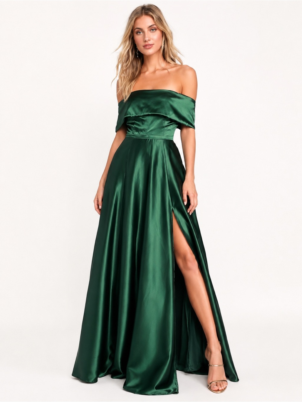 NEW Lulus Greatest Hits Forest Green Satin Off-the-Shoulder Maxi Dress Size XS
